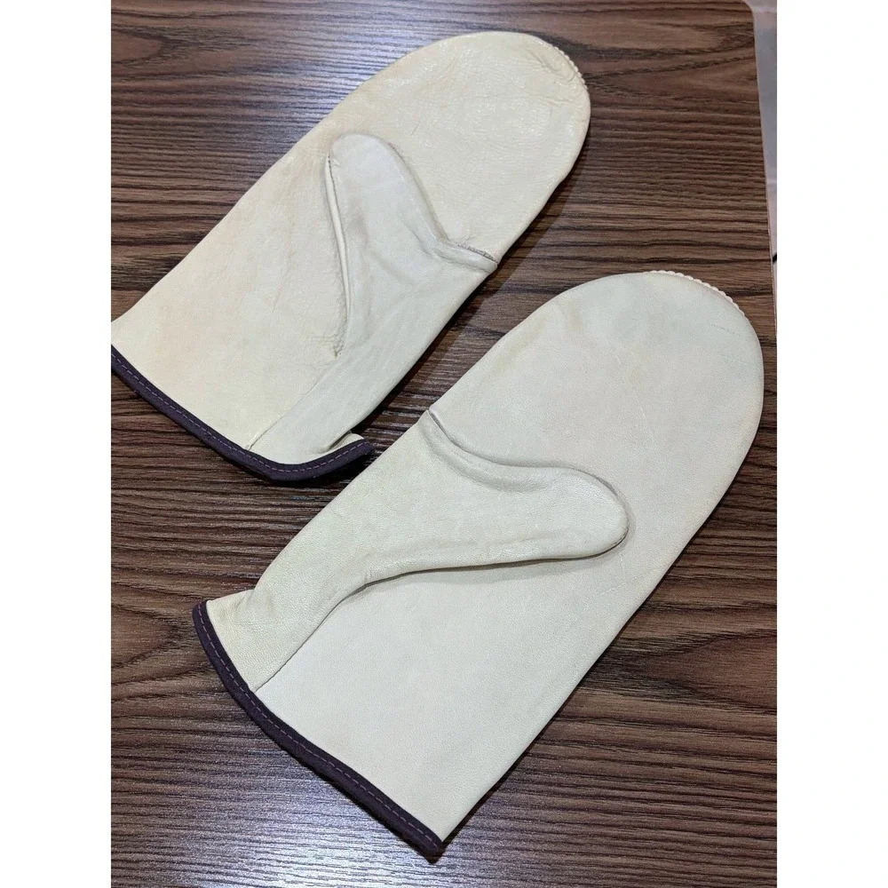 Cream Leather Mittens Unfinished Lining Contrast‎ Piping Trim Neutral Winter